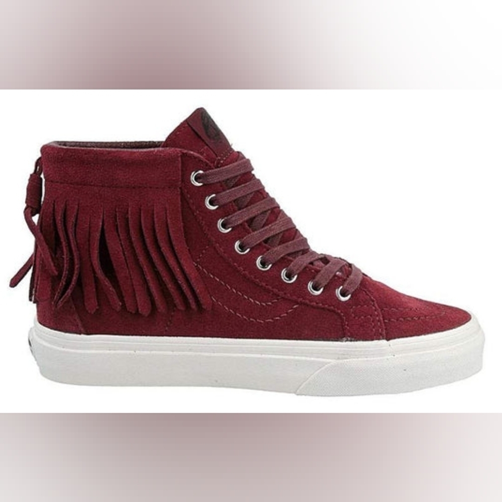 Vans Sk8 HI Mock Suede Womens High Tops Boho Fringe Sneakers Red Berry Size US 8 - Picture 2 of 15
